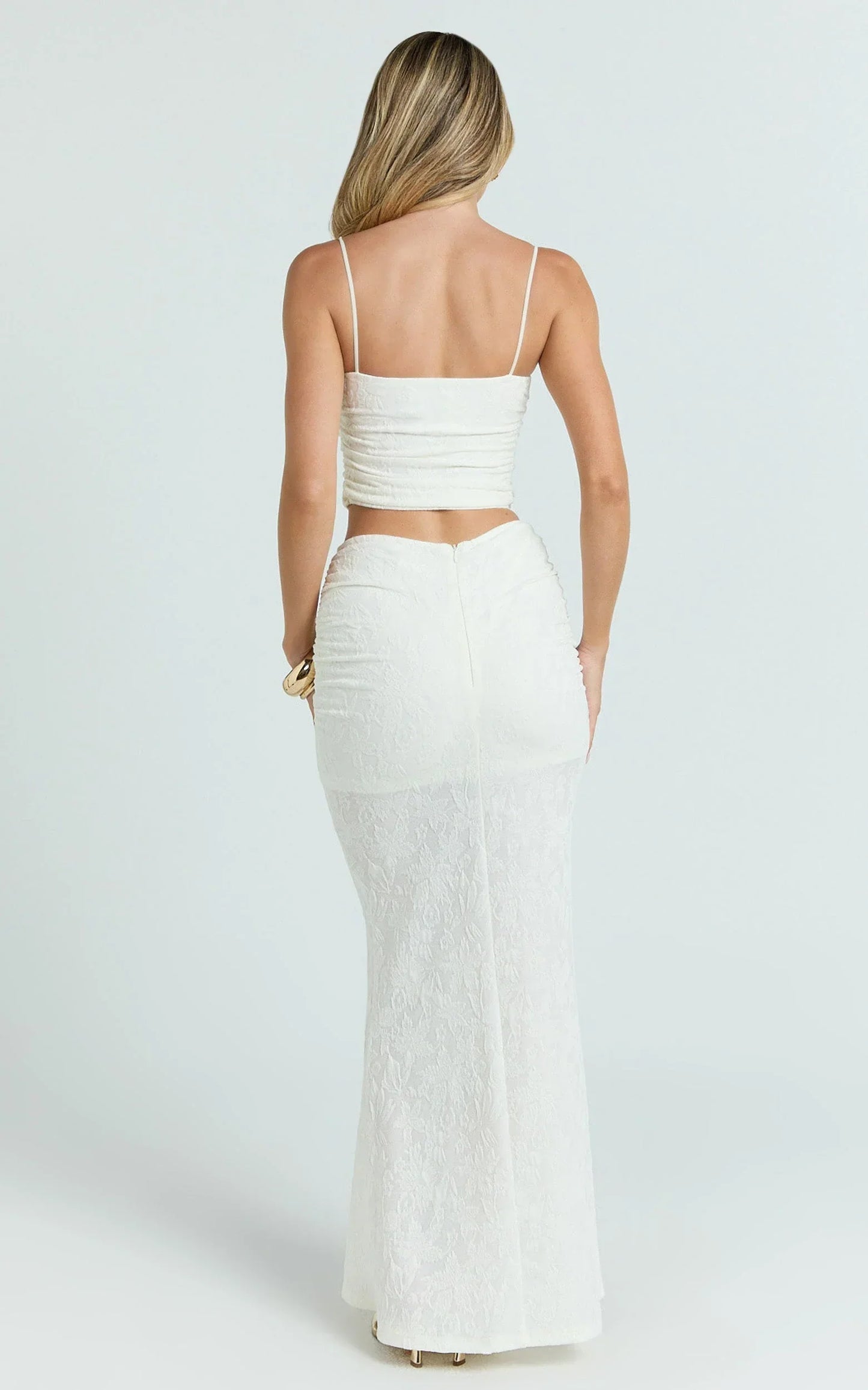 Kayrene Two Piece Top and Skirt Set - Straight Neck Top And Ruched Low Rise Maxi Skirt in Cream