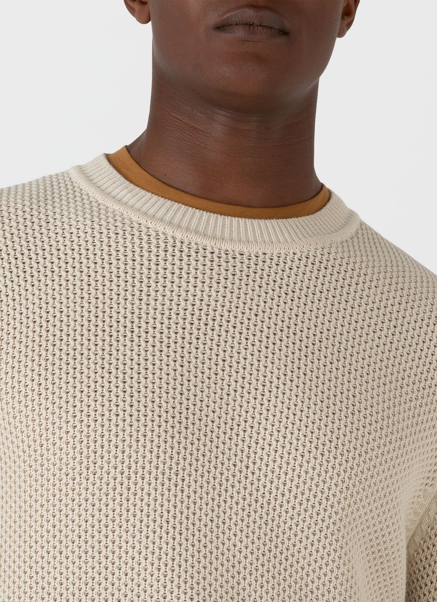 Mens Honeycomb Cotton Crew Neck Jumper In Ecru Mjum8207 Whcr