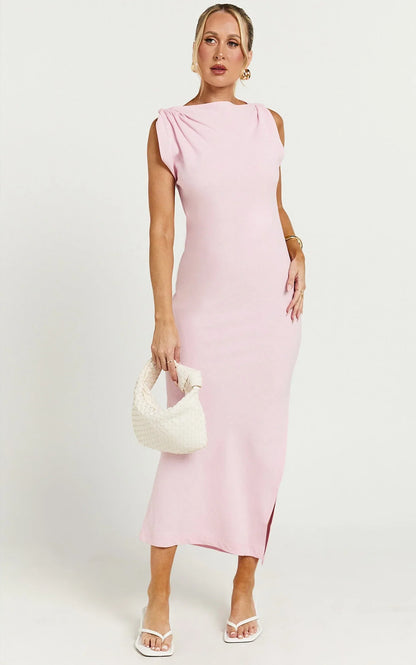 Jessenia Midi Dress - Linen High Neck Dress in Soft Pink