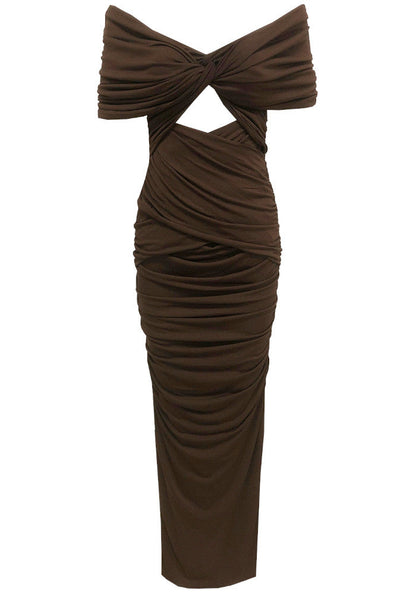 Draped Bardot Maxi Dress Brown