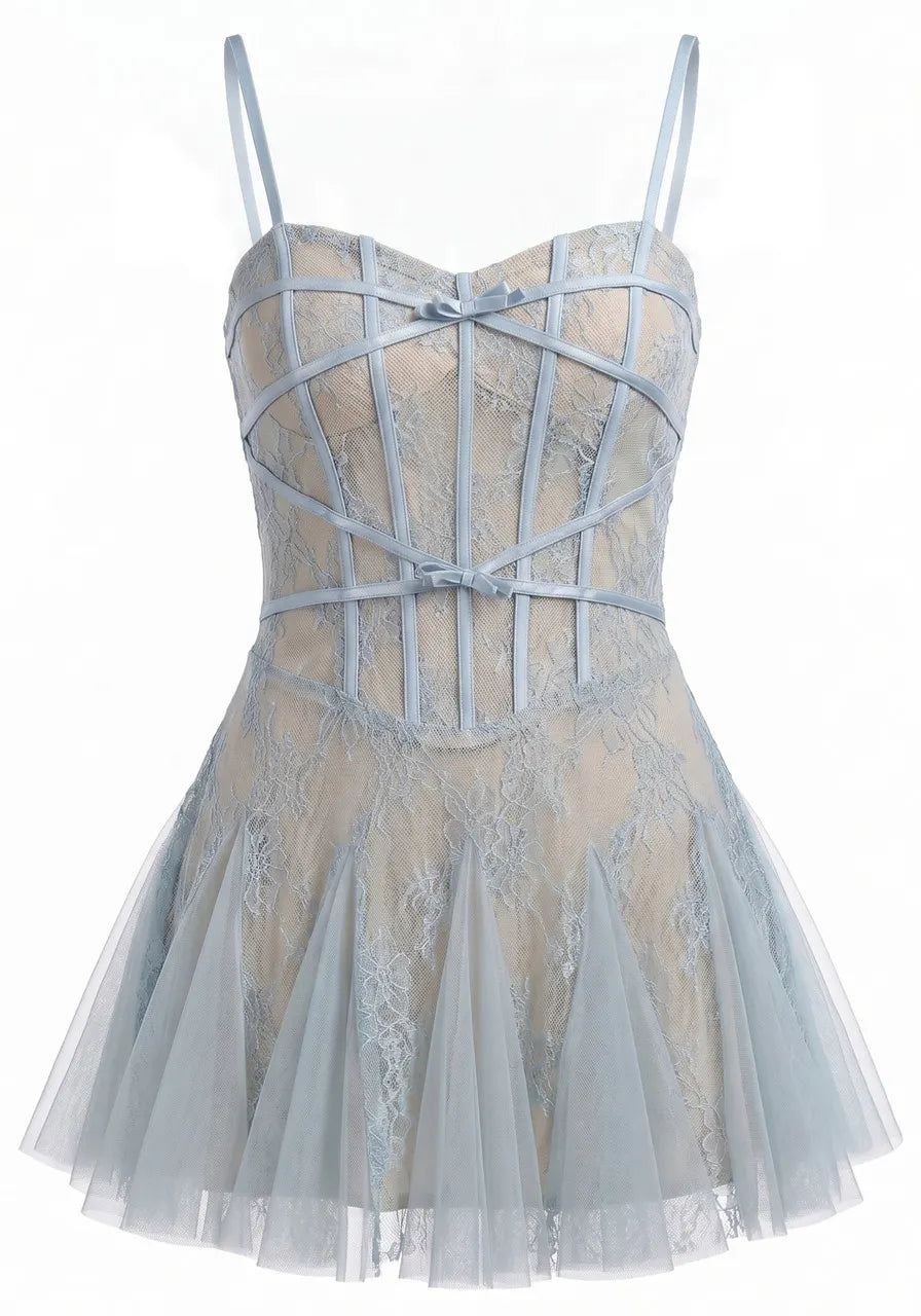 Lace Insert A Line Dress Blue