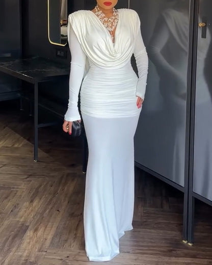Cowl Neck Ruched Zipper Back Slim Fit Maxi Dress Casual Padded Shoulders Backless Evening Dress