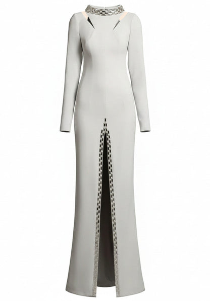 Long Sleeve Crystal Maxi Dress Light Grey
