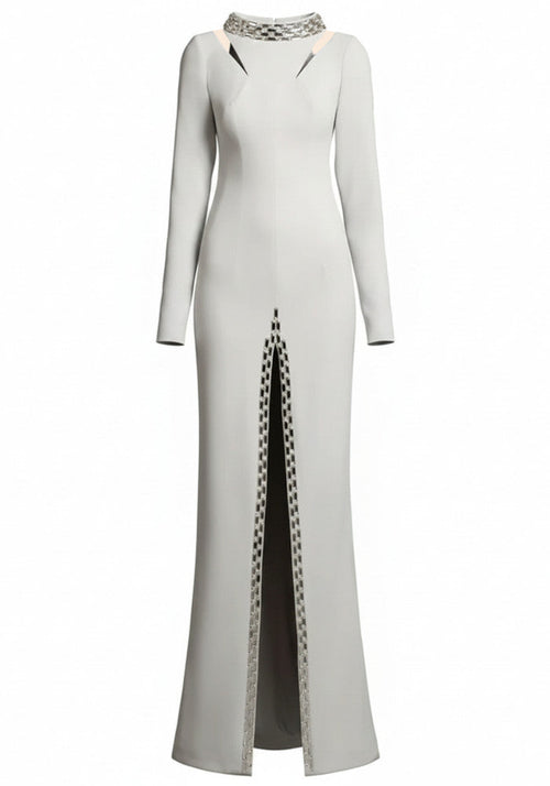 Long Sleeve Crystal Maxi Dress Light Grey