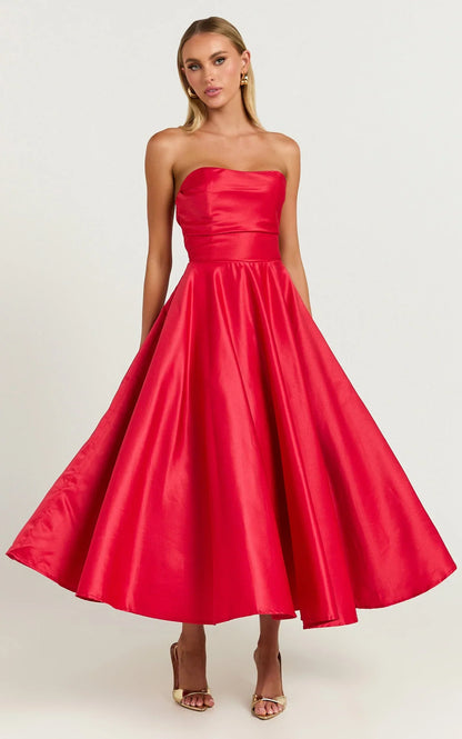 Helaina Midi Dress - Line Satin Dress in Red