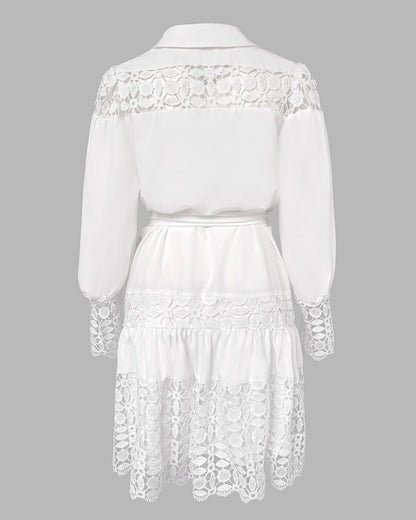 Guipure Lace Spliced Turn-down Collar Long Sleeve Button Front Shirt Dress Casual Tie Waist Ruffle Hem Dress