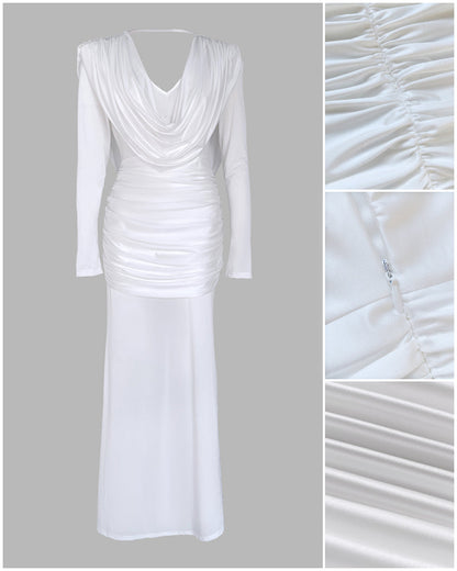 Cowl Neck Ruched Zipper Back Slim Fit Maxi Dress Casual Padded Shoulders Backless Evening Dress