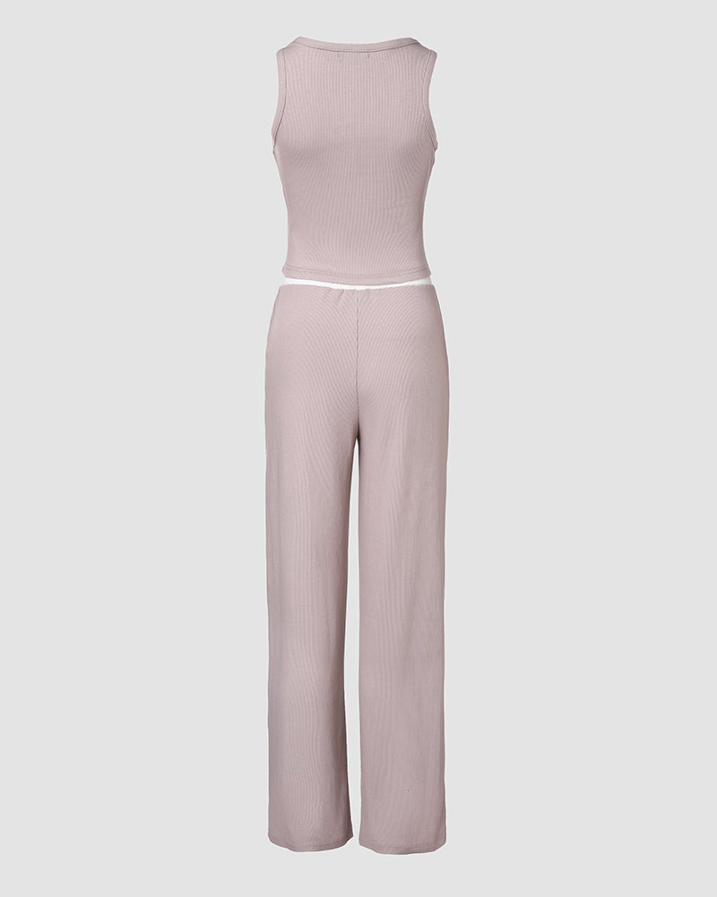 2 Piece Outfits Notch Neck Sleeveless Top Stretchy Waist Straight Leg Pants Lounge Sets Tracksuit