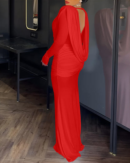 Cowl Neck Ruched Zipper Back Slim Fit Maxi Dress Casual Padded Shoulders Backless Evening Dress