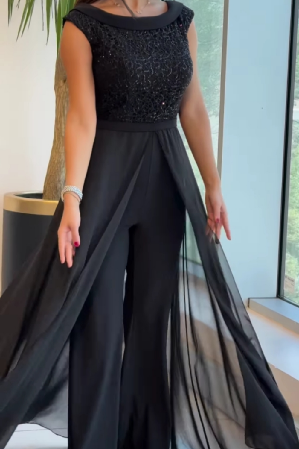 Crew-neck textured-panel tulle jumpsuit