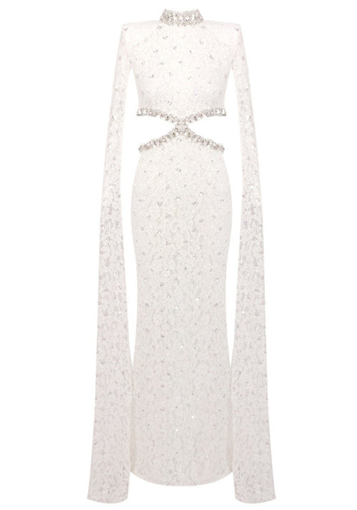 Cape Sleeve Crystal Lace Maxi Dress White