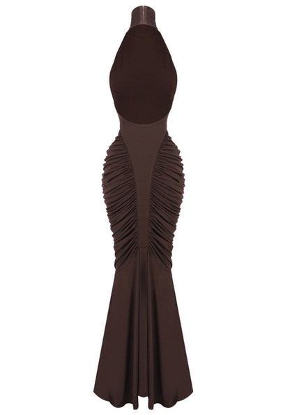 Halter Draped Backless Maxi Dress Brown