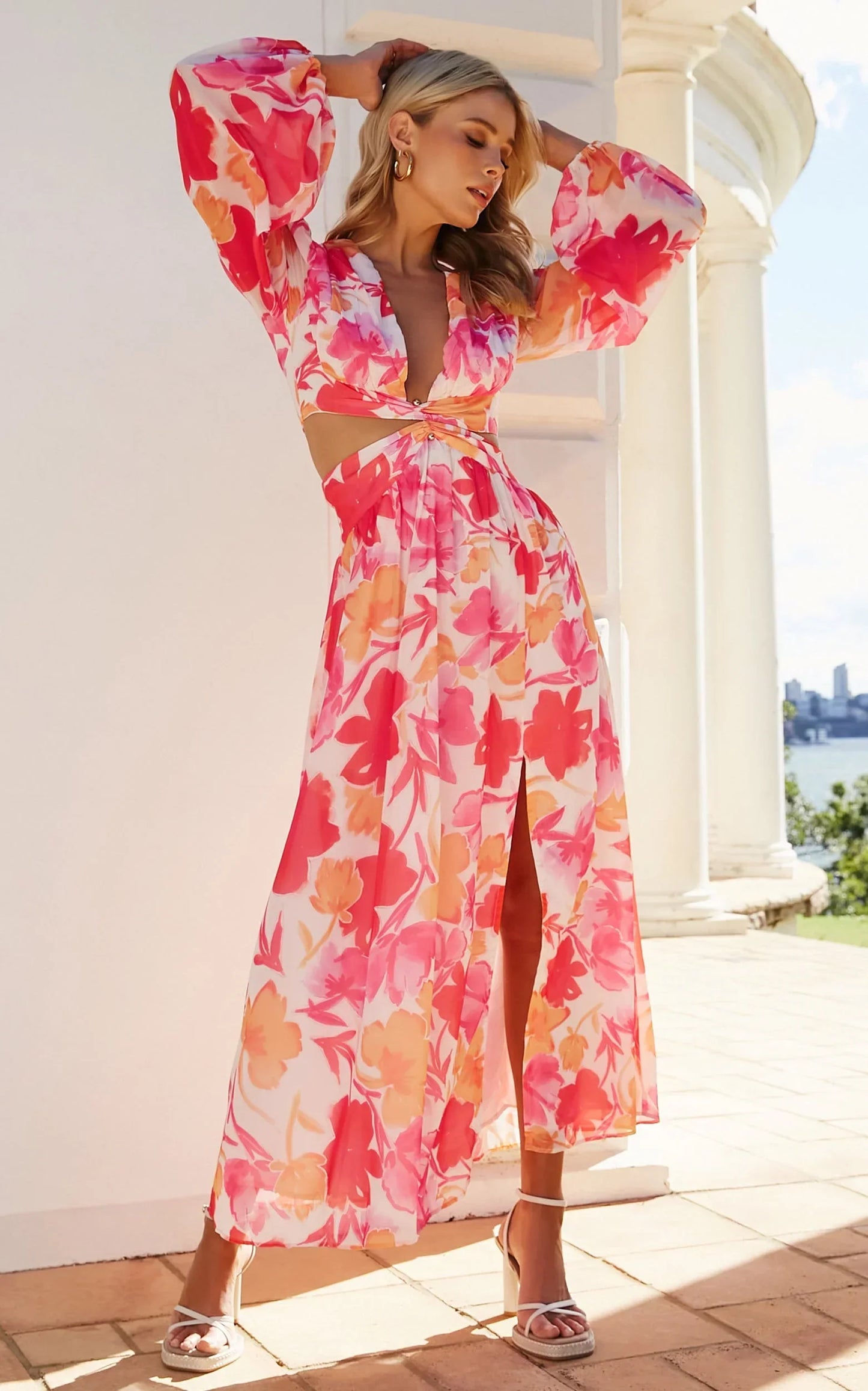 Emilee Midi Dress - Side Cut Out Long Sleeve Plunge Dress in Pink Floral