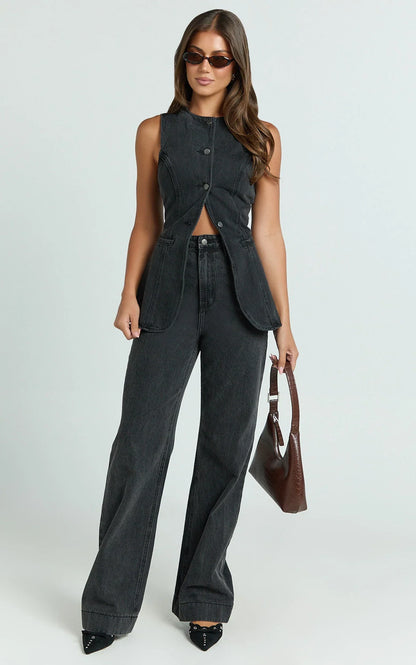 Emman Jeans - High Waisted Cotton Wide Leg Denim Jeans in Black