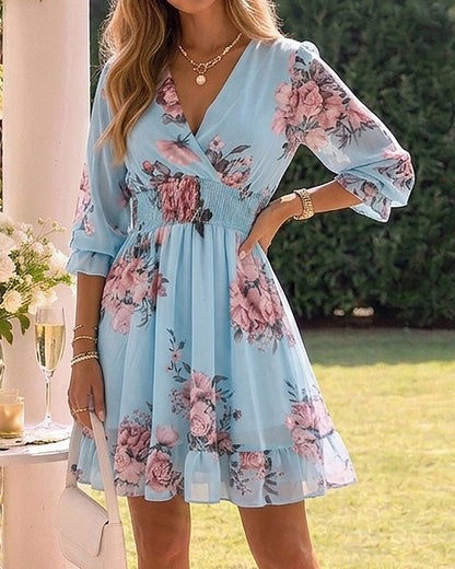 Floral Print Overlap V Neck Three Quarters Sleeve Shirred Waist Ruffle Hem Dress Casual Cinched Waist Flared Cuffs Chiffon Vacation Dress with Lining
