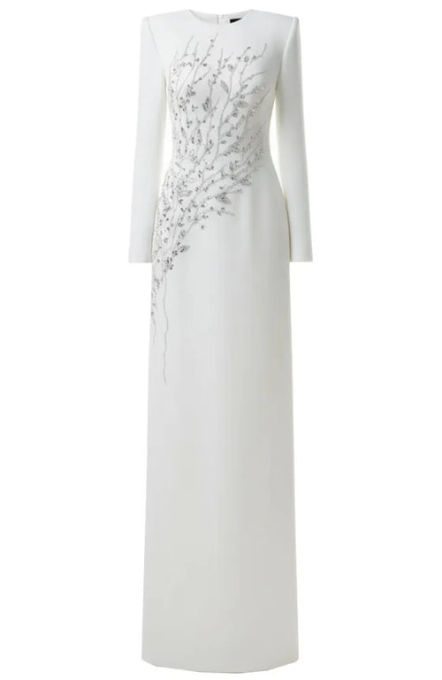 Long Sleeve Crystal Floral Maxi Dress White