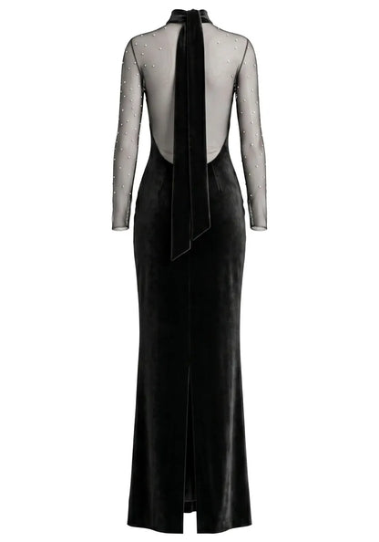 Long Sleeve Crystal Mesh Maxi Velvet Dress Black