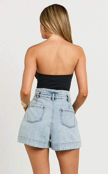 Kayla Shorts - High Waisted A Line Denim Shorts in Light Blue Wash