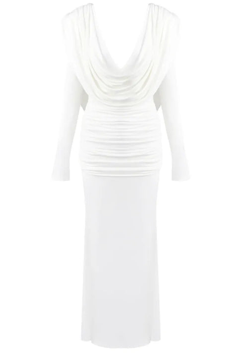 Long Sleeve Draped Backless Maxi Dress White