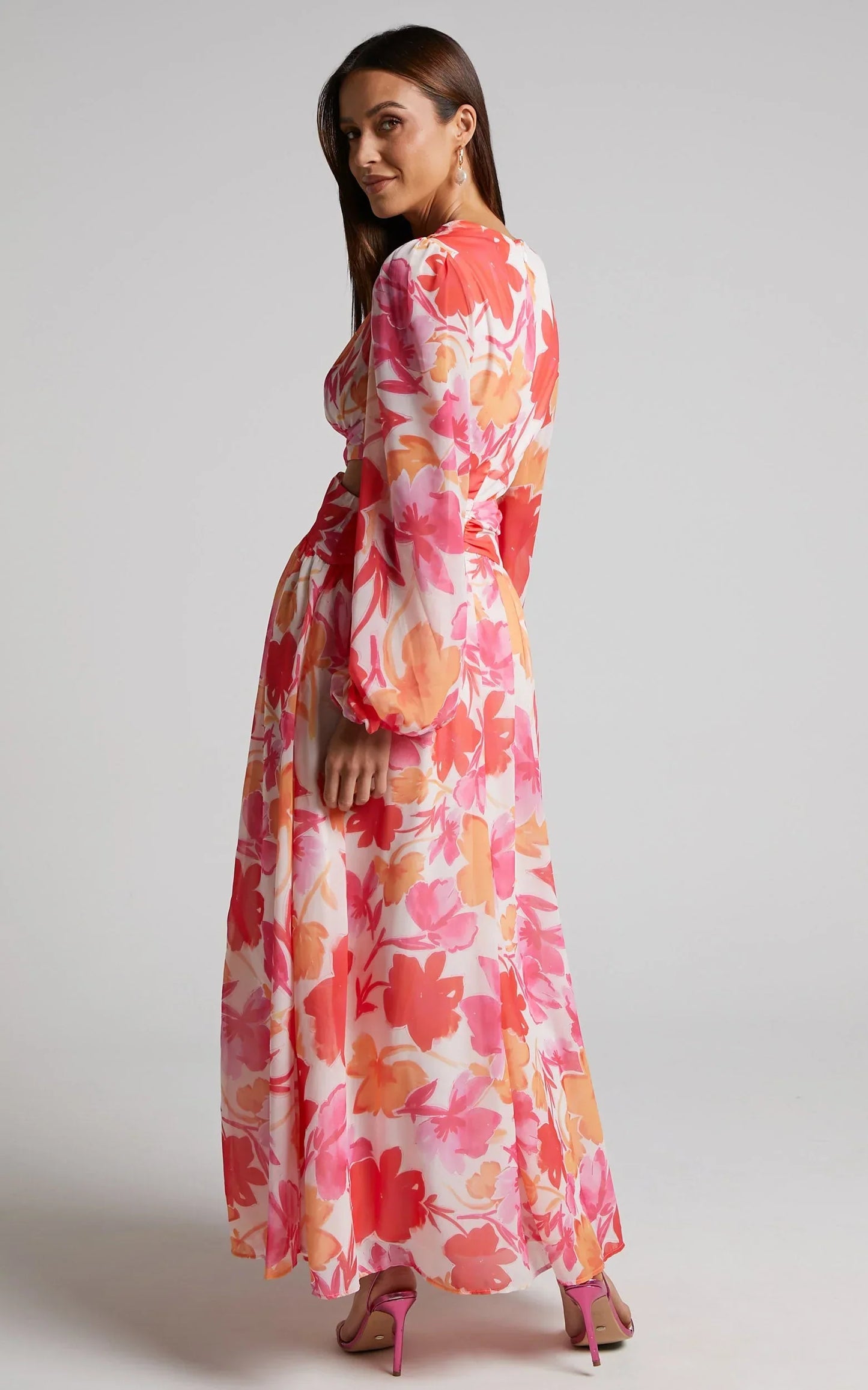 Emilee Midi Dress - Side Cut Out Long Sleeve Plunge Dress in Pink Floral