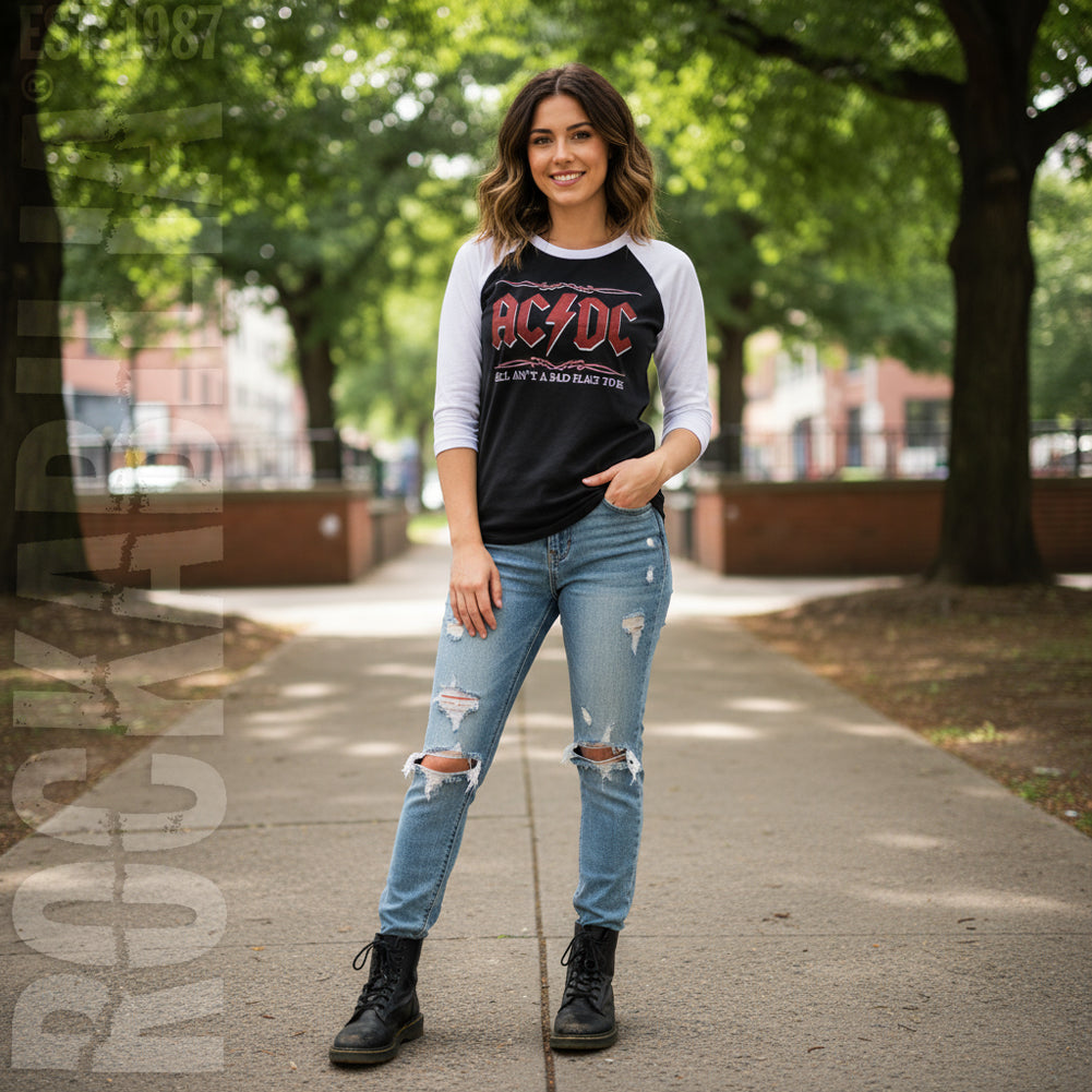 AC/DC Hell Ain't A Bad Place Ladies Raglan Tee Junior Top