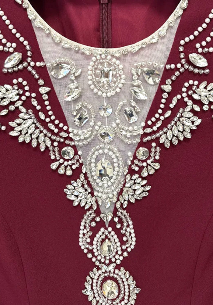 Long Sleeve Crystal Pearl Maxi Dress Burgundy