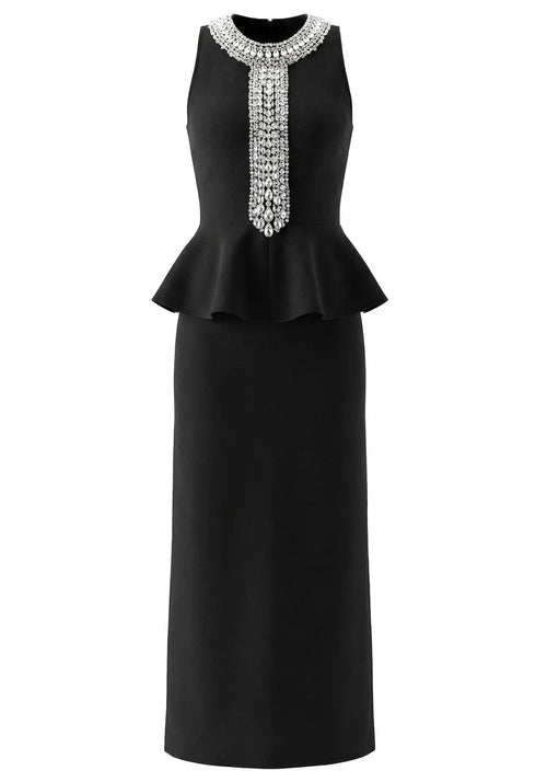 Crystal Detail Peplum Maxi Dress Black