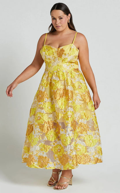 Brailey Midi Dress - Aline Corset Detail Dress in Yellow