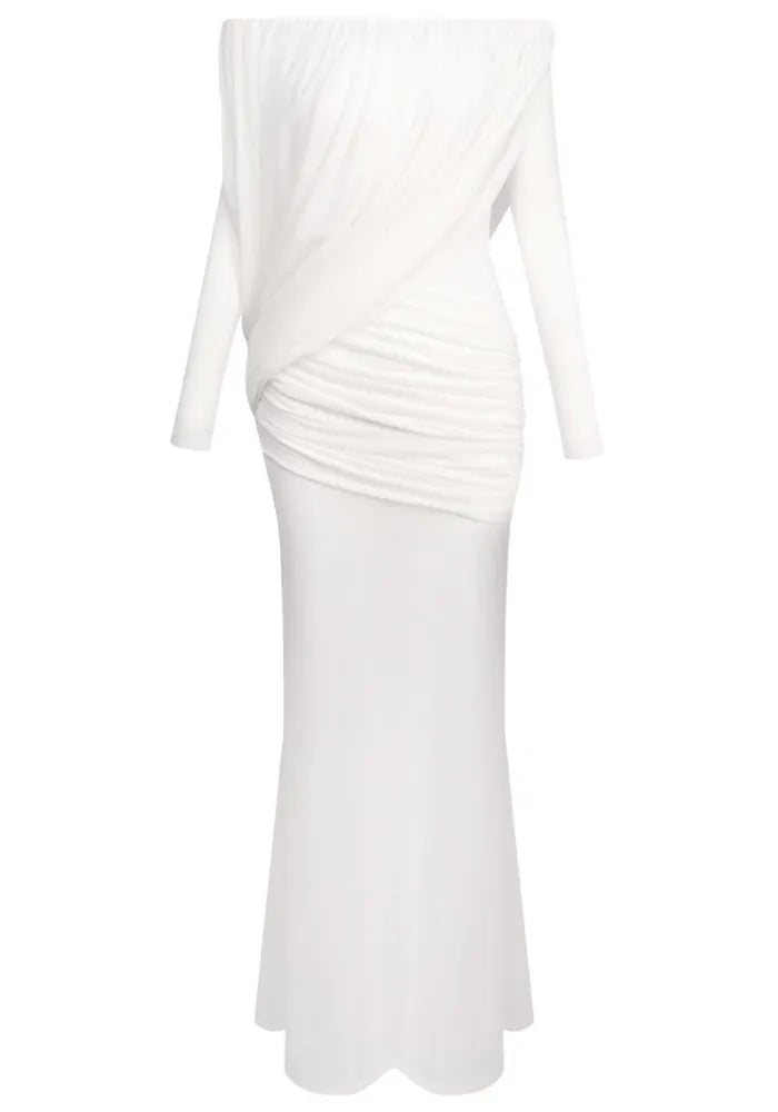 Long Sleeve Draped Bardot Maxi Dress White