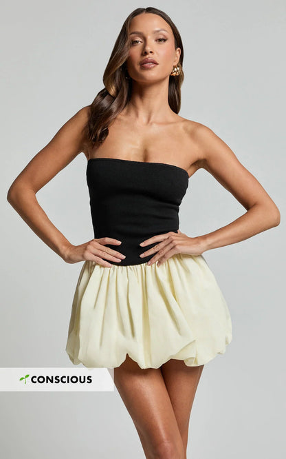 Harley Mini Dress - Strapless Drop Waist Bubble Hem Contrast Dress in White/Black