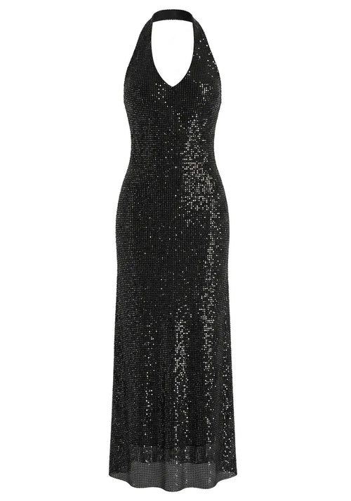 Halter Sparkly A Line Midi Dress Black