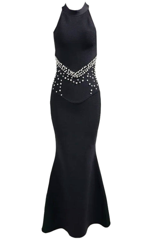 Halter Crystal Front Maxi Dress Black