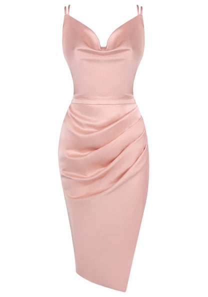 Draped Strappy Back Midi Silk Dress Pink