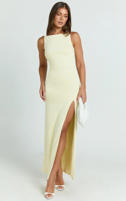 Audette Maxi Dress - Boat Neck Ruched Fitted Dress in Lemon