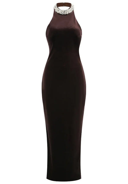 Halter Pearl Embellished Maxi Velvet Dress Dark Brown