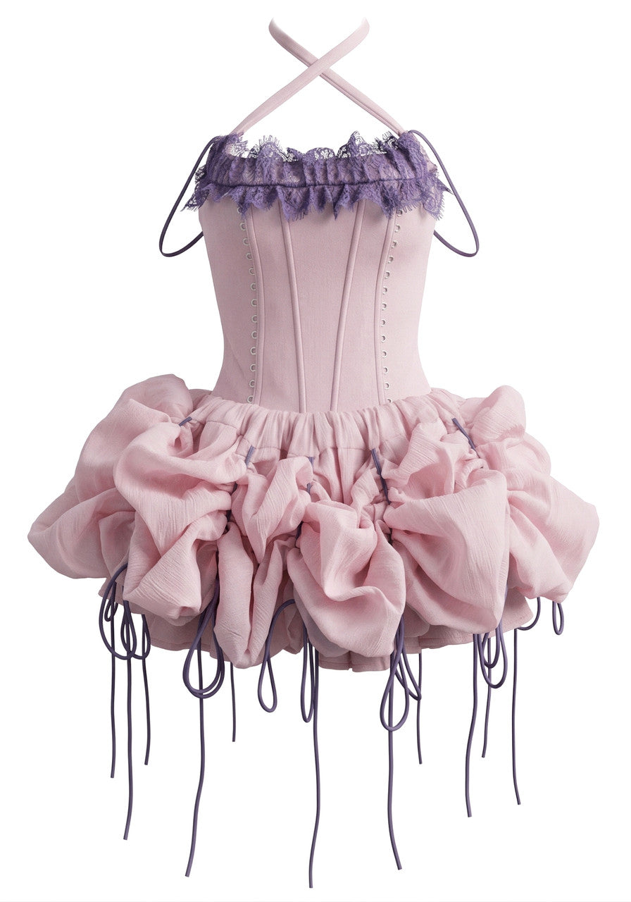 Halter Lace Bubble Dress Pink Purple