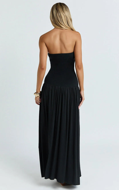 Harlee Maxi Dress - Strapless Drop Waist Knit Bodice Full Gathered Skirt Dress in Black