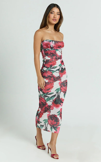 Enid Midi Dress - Sweetheart Neck Ruched Bodycon Dress in Rose Blanca