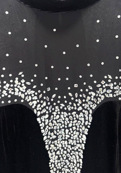 Long Sleeve Crystal Mesh Maxi Velvet Dress Black