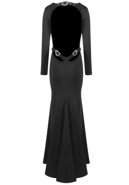 Long Sleeve Backless Buckle Maxi Dress Black