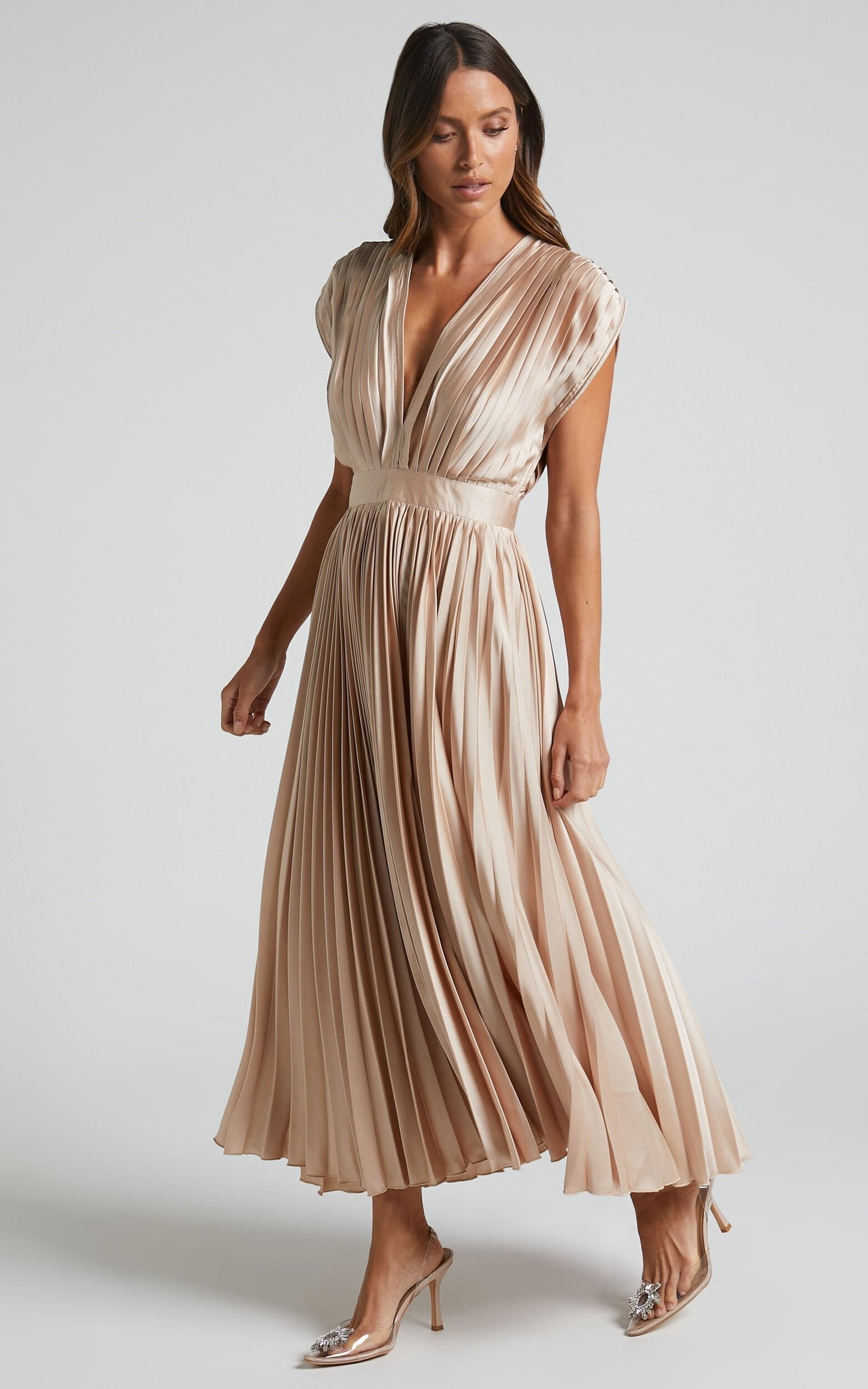 Elegant Satin Pleated V-neck Flowing Midi Dress