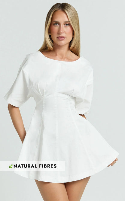 Dylan Mini Dress - High Boatneck Sleeved Fit And Flare Skirt Dress in White