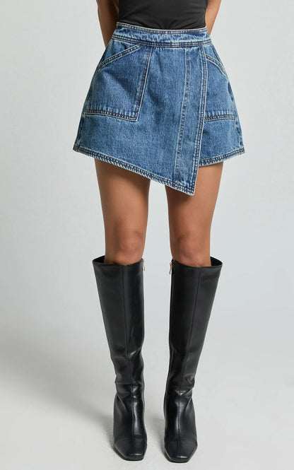Harleigh Skort - Pocket Detail Wrap Denim Skort in Dark Blue Wash