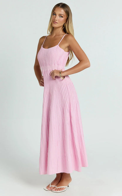 Donissa Midi Dress - Panelled Knit Dress in Pale Pink