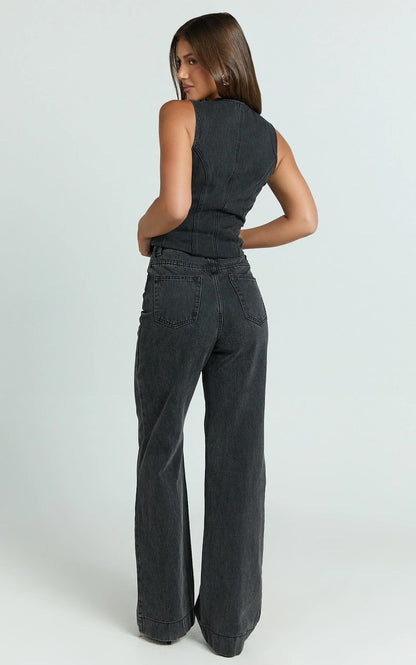 Emman Jeans - High Waisted Cotton Wide Leg Denim Jeans in Black