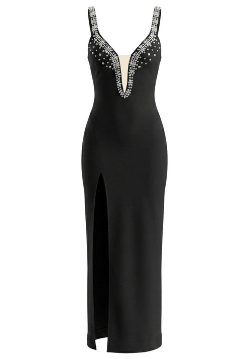 Crystal Embellished V Neck Maxi Dress Black