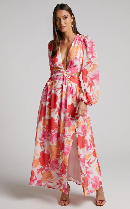 Emilee Midi Dress - Side Cut Out Long Sleeve Plunge Dress in Pink Floral