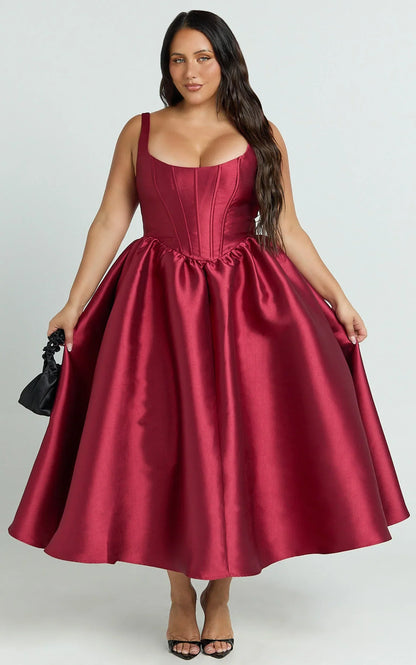 Courtney Midi Dress - Corset Panel Low Back Dress in Wine