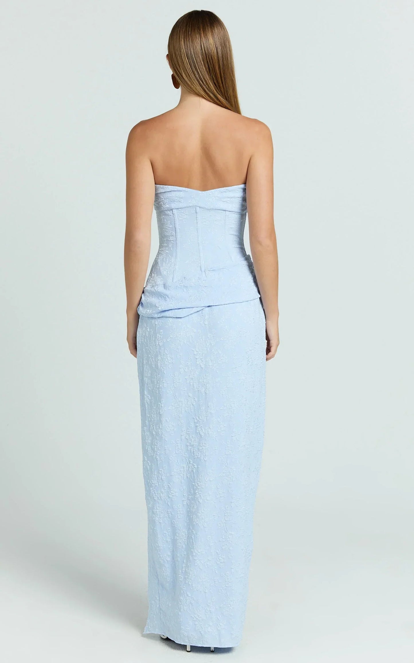 Berri Maxi Dress - Strapless Jacquard High Split Dress in Blue