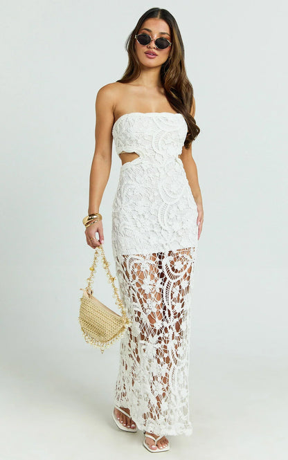 Heather Maxi Dress - Square Neck Strappy Fitted Crochet Column Dress in White